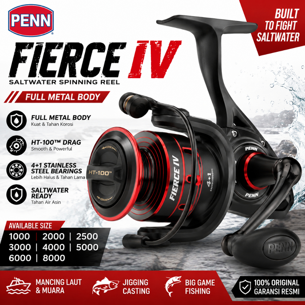 Reel Pancing PENN Fierce IV Saltwater Fishing Mancing Laut Jigging Full Metal Body uk 1000-8000
