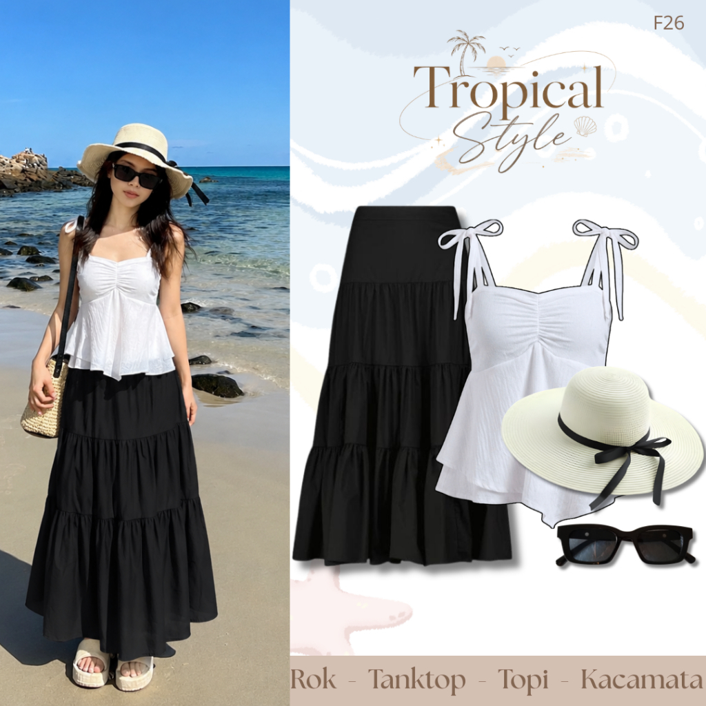One Set Wanita Pantai Kekinian | (Tanktop, Rok Susun, Topi Pantai, Kacamata) | Outfit  Pantai F26
