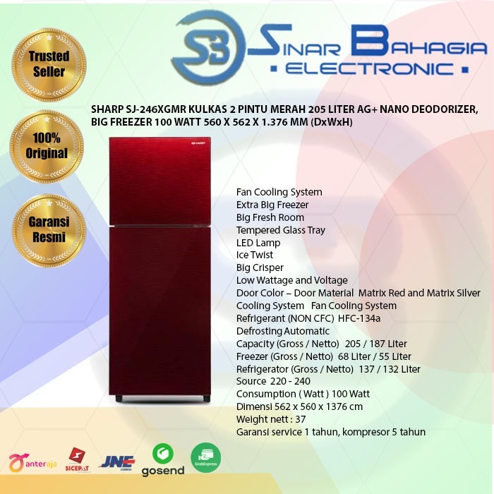 SHARP SJ-246XGMR KULKAS 2 PINTU MERAH 205 LITER AG+ NANO DEODORIZER, BIG FREEZER 100 WATT 560 X 562 