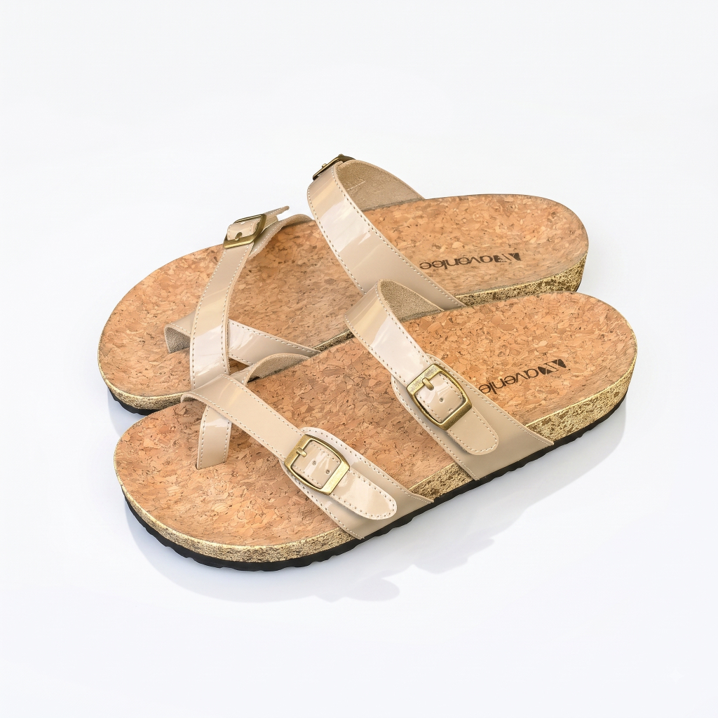 Sandal Flat Wanita Slip On Glossy Buckle Strap Platform Avenlee Mokume