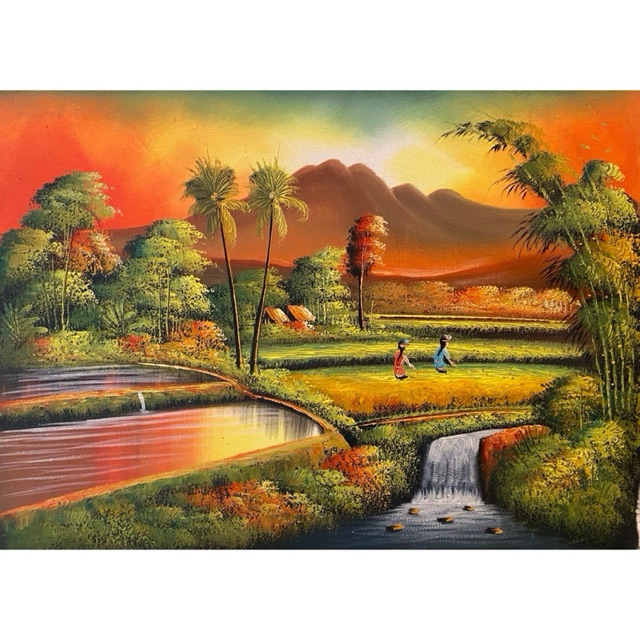 lukisan Pemandangan sawah pallet suasana Sunset, lukisan Canvas, lukisan khas Bali