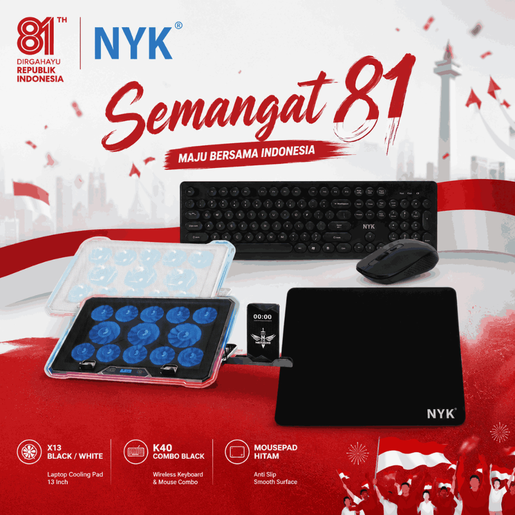 [PROMO MERDEKA] NYK Combo Desk Setup Office - Keyboard Mouse Wireless K40 + Laptop Cooling Pad X13 +