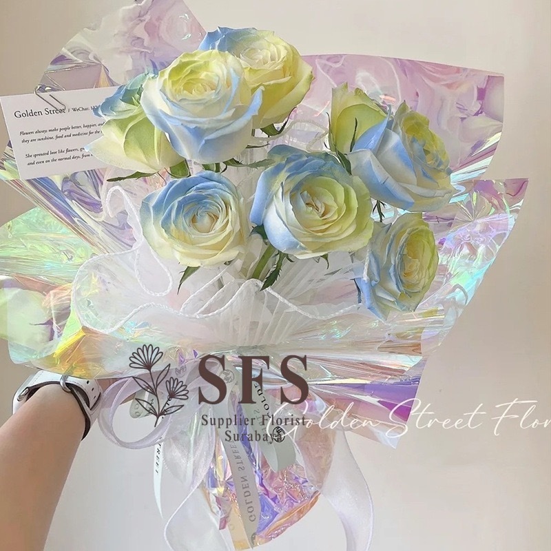 SFS - [5-20 LEMBAR] KERTAS BUNGA HOLOGRAM PELANGI WARNA WARNI SILVER/WRAPPING PAPER/ WRAP BUNGA/FLOW