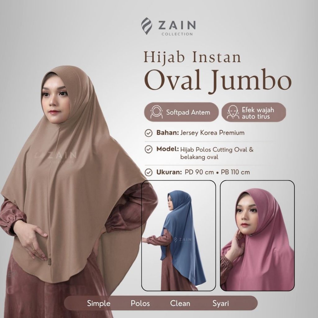 Zain Collection - Oval Jumbo Jilbab Bergo Khimar Syari Jersey Korea Pet Antem Adem Nyaman