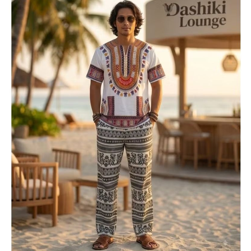 Setelan pria Dashiki Lounge kemeja motif etnik lengan pendek dengan celana panjang