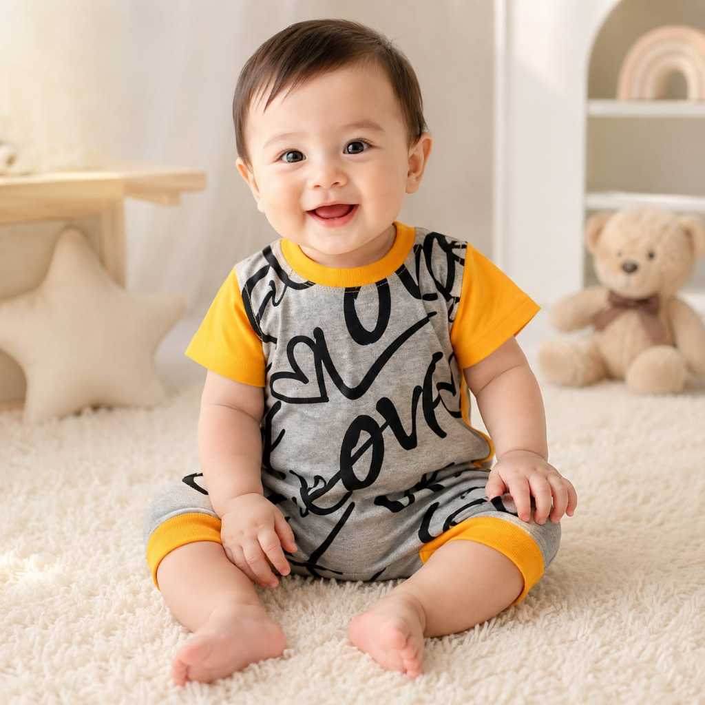 Baju Bayi Laki Laki Setelan Casual Motif Love | Kaos Celana Pendek Bayi Nyaman Lucu | baju bayi laki