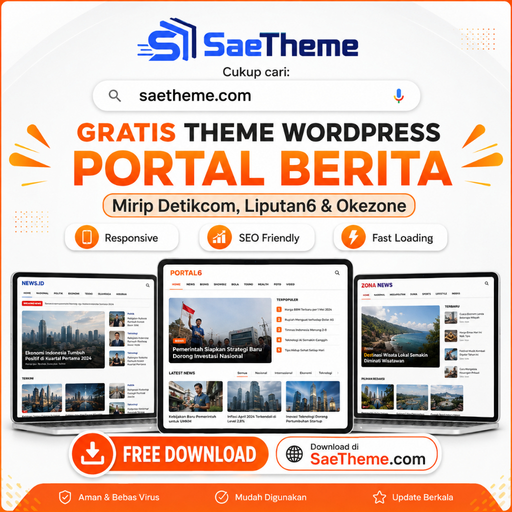 SaeTheme Gratis Theme WordPress Portal Berita Responsive SEO Friendly Fast Loading