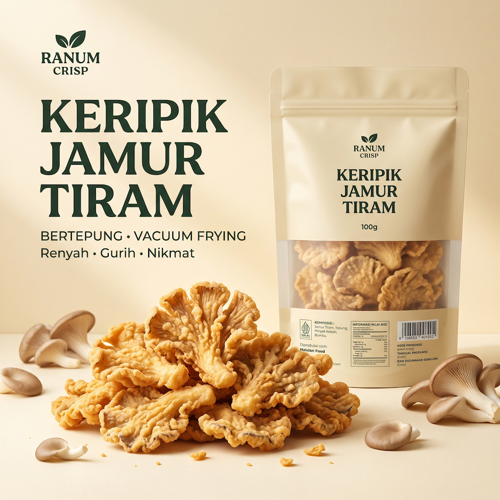 RANUM CRISP Keripik Jamur Tiram Renyah 100g | Kripik Sayur Kering Vacuum Frying