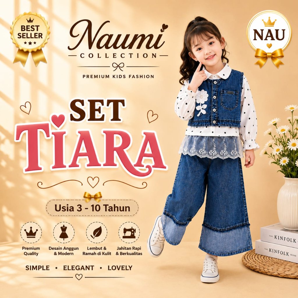 NAUMI COLLECTION – SET TIARA | Setelan Anak Perempuan Denim | Polkadot & Renda | 3–10 Tahun