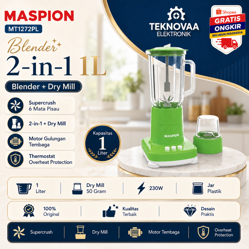 MASPION BLENDER 2IN1 MT 1272PL/Blender plastik 1Liter/MT1272PL/MT1272 PL/MT 1272PL/ORIGINAL/GARANSI