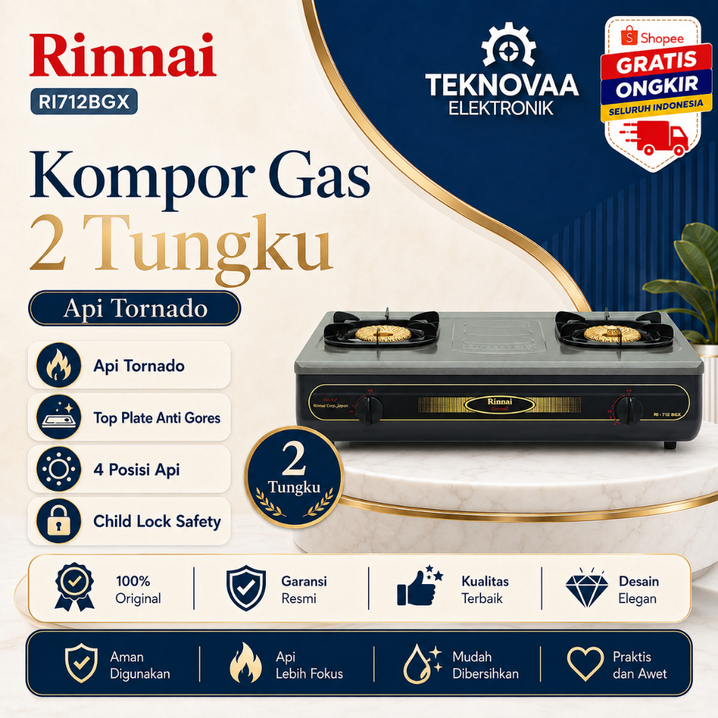 RINNAI KOMPOR GAS 2 TUNGKU RI 712BGX/RI712BGX/RI712 BGX/RI-712BGX/RI-712 BGX/ORIGINAL RINNAI/GARANSI