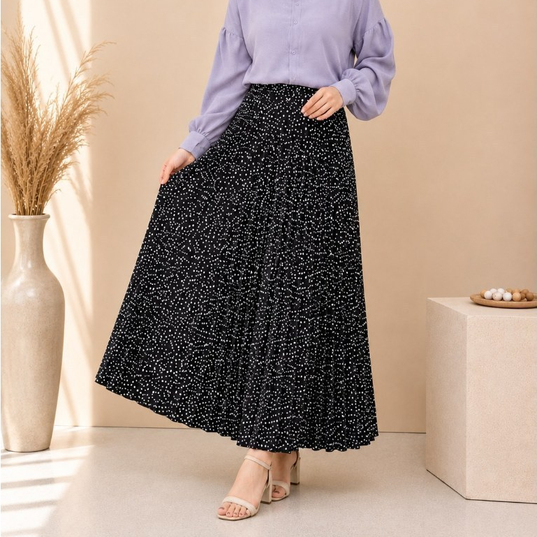 Haseena Rok Plisket Zeina Motif Polkadot Emas Mini Tabur Rok Panjang Wanita Pleated Skirt Maxi Casua