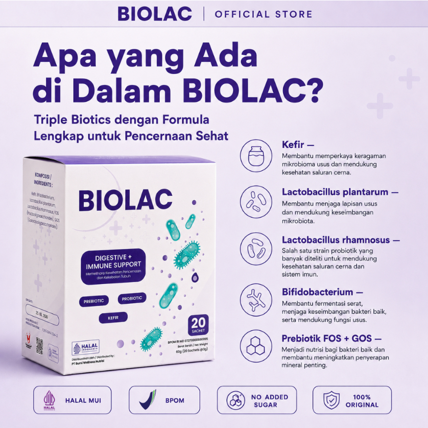 BIOLAC Triple Biotics (20 Sachet) | Probiotik - Prebiotik - Untuk pencernaan dewasa dan anak BPOM ha