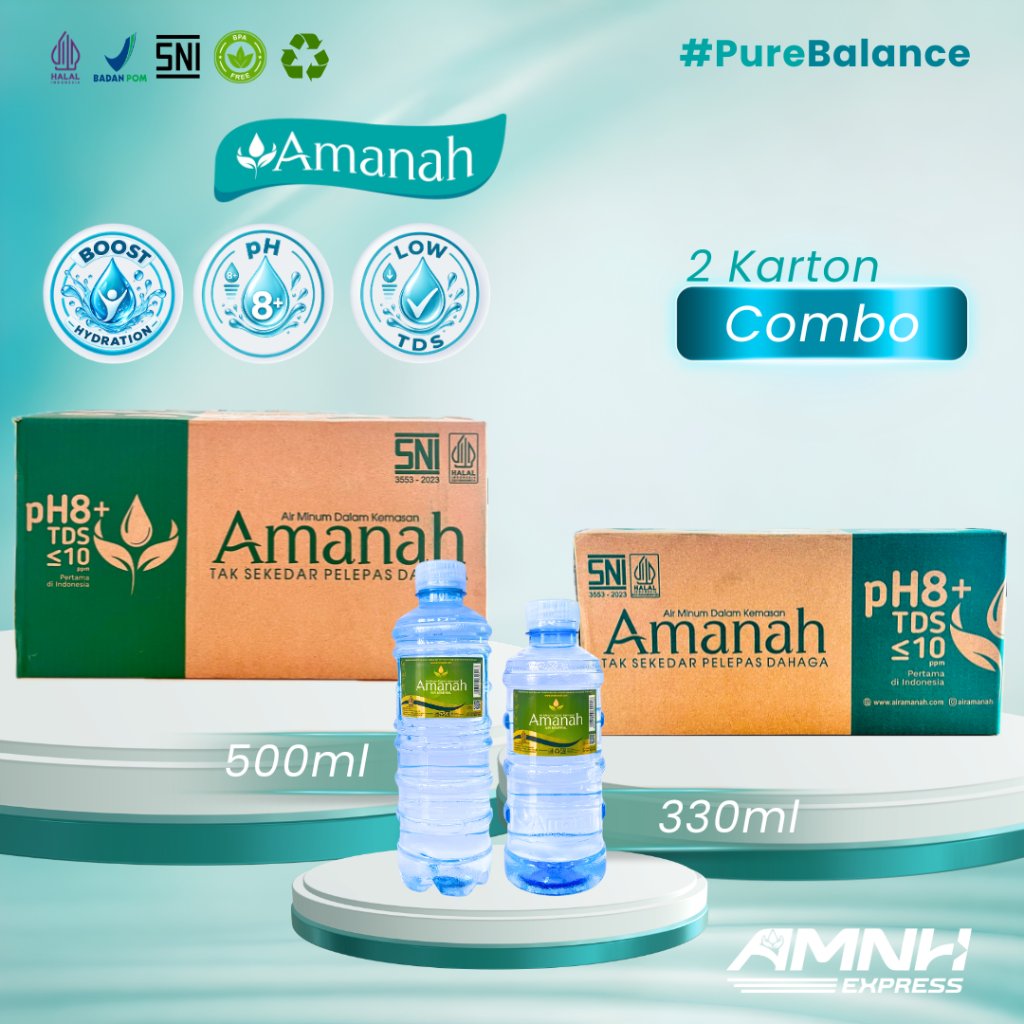 COMBO Lengkap Air Mineral Amanah 1 karton 330ml + 1 Karton 500ml pH 8+ Low TDS
