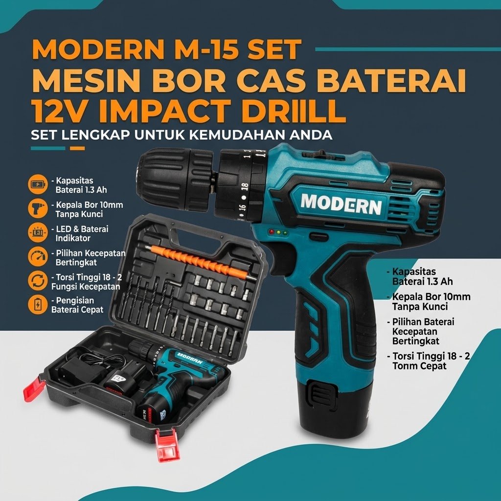 PROMO TIPIS - TIPIS  BOR CORDLESS BATERAI (TORSI,IMPACT,BETON,TEMBOK,BESI) MODERN M-15 SET