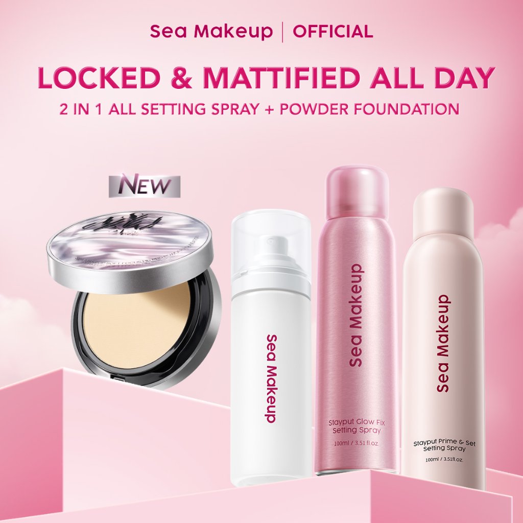 Sea Makeup Locked & Mattified All Day 2in1 Powder Foundation + Setting Spray – Bedak Foundation 24H 