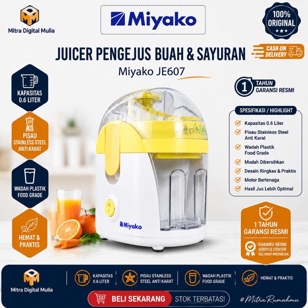 Miyako JE607 Juicer Pengejus Buah dan Sayuran 0.6 Liter Pisau Stainless Steel Anti Karat Wadah Plast