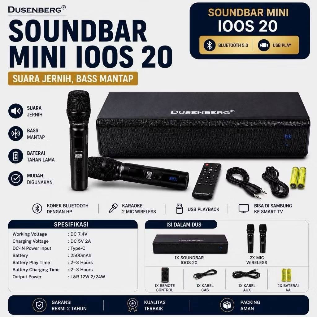 Speaker Dusenberg ioos 20 Mini Soundbar Karaoke Smart Tv, Hp, Bluetooth, 2 Mic Wireless