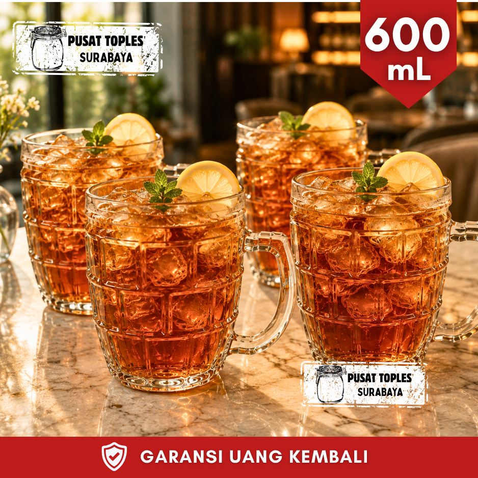 GELAS KACA BESAR TEBAL 600 ml GELAS MUG PITCHER KACA TEBAL MOTIF KOTAK GARIS TRANSPARAN KRISTAL BENI