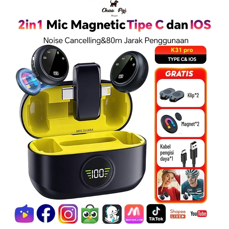 MIX.SUARA K31 Pro/A37 Mic Clip On Wireless Microphone Jepit Di Baju Type C IOS 3in1 Plug & Play Lava