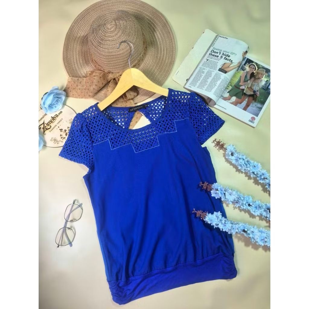 Blouse Birel/Atasan Birel/Biru Elektrik/Royal Blue Crochet Yoke Blouse