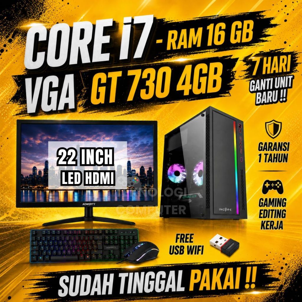 Core i7 | VGA Nvidia | Full Set 22" | PC Gaming Editing Rendering | CPU Komputer Rakitan