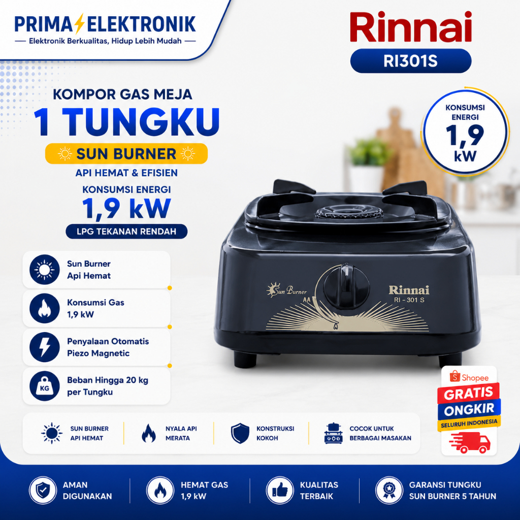 RINNAI KOMPOR GAS 1 TUNGKU RI 301 S KOMPOR RINNAI/RI-301S/RI 301 S/RI301S/ORIGINAL RINNAI/GARANSI