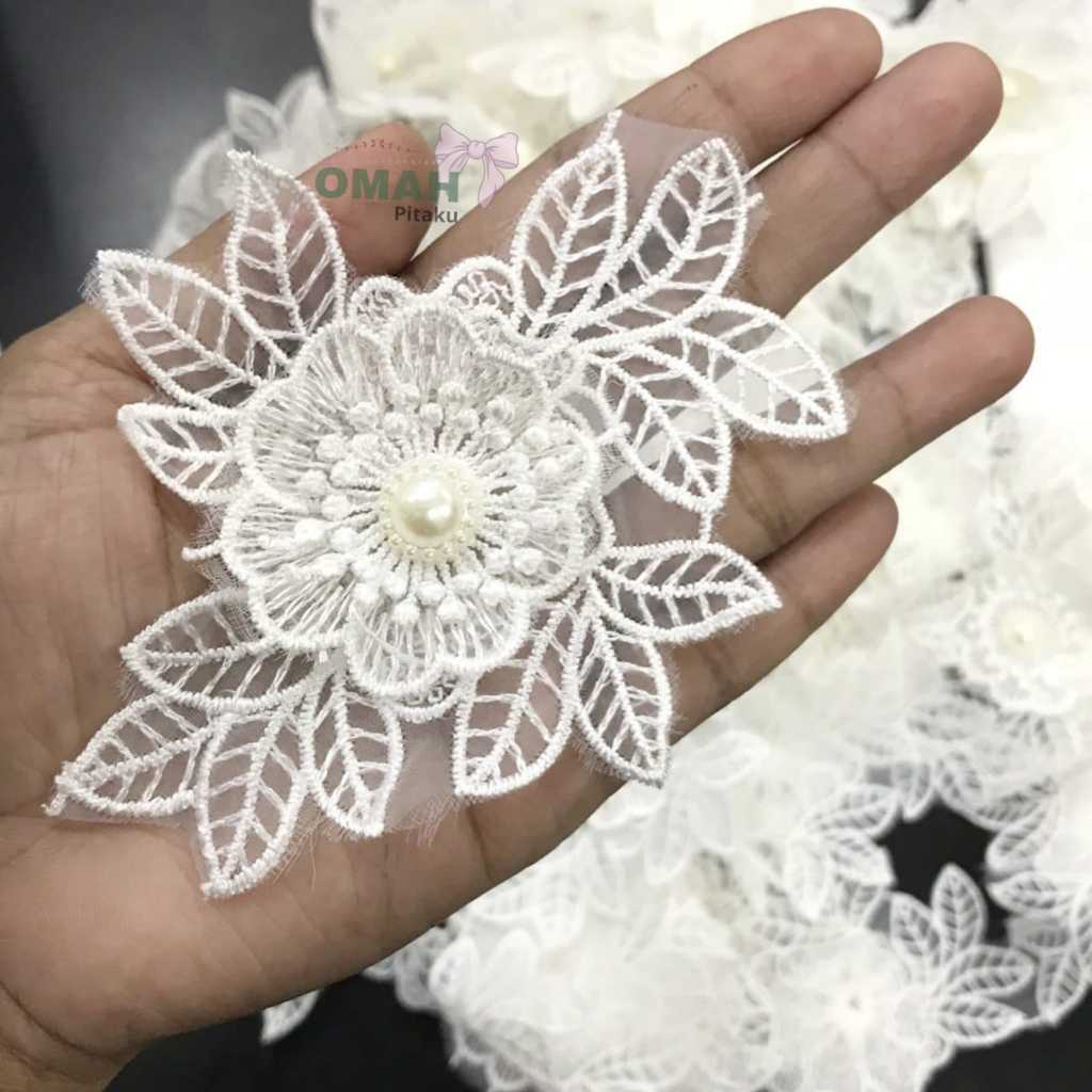 1 PC - RENDA GIPER BUNGA MUTIARA | RENDA PUTIH/ RENDA BORDIR/ RENDA TIMBUL