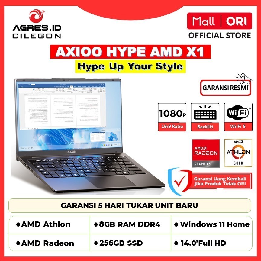 Axioo Hype AMD X1 | AMD ATHLON GOLD 3150C | 8GB 256GB | 14.0-inch Full HD | Windows 11 Home