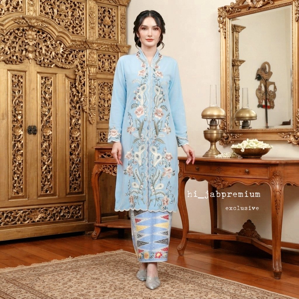 hijab premium - kebaya tunik wanita bahan ceruty baby blue variasi bordir HQ set rok kain batik