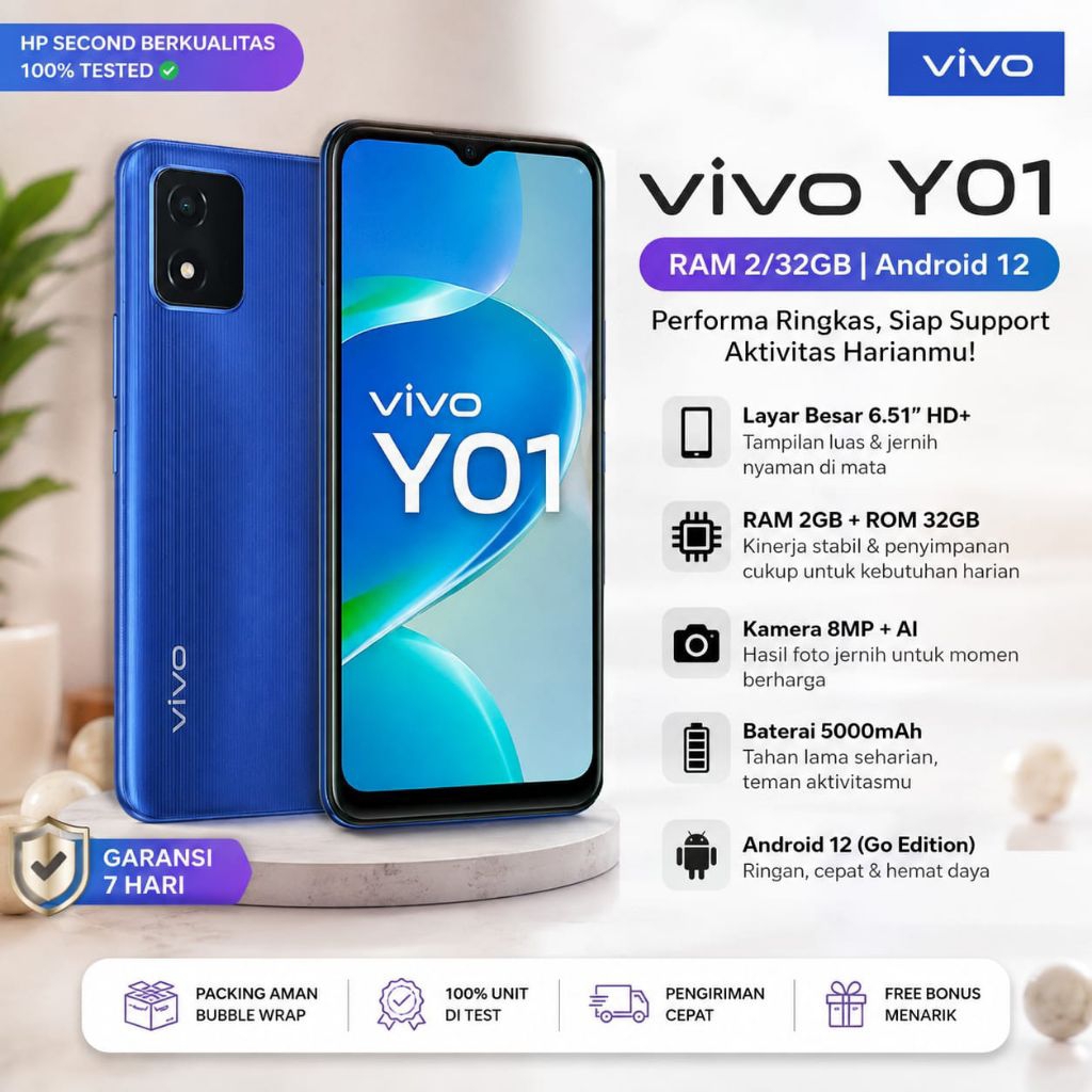 Vivo Y01 RAM 2/32GB 4G LTE | Baterai 5000mAh | Android 11 | HP Murah Berkualitas