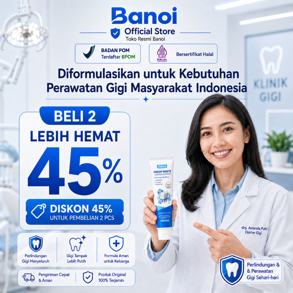 Banoi Rekomendasi dari kreator Dapatkan diskon 45% untuk pembelian 2 pcs Pasta Gigi Banoi Fresh Whit