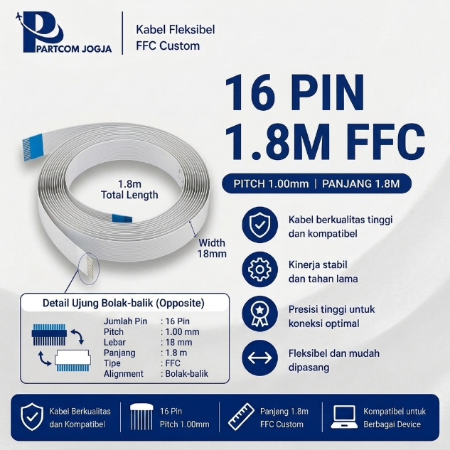 kabel FFC 16pin lebar 18mm bolak balik panjang 1.8m
