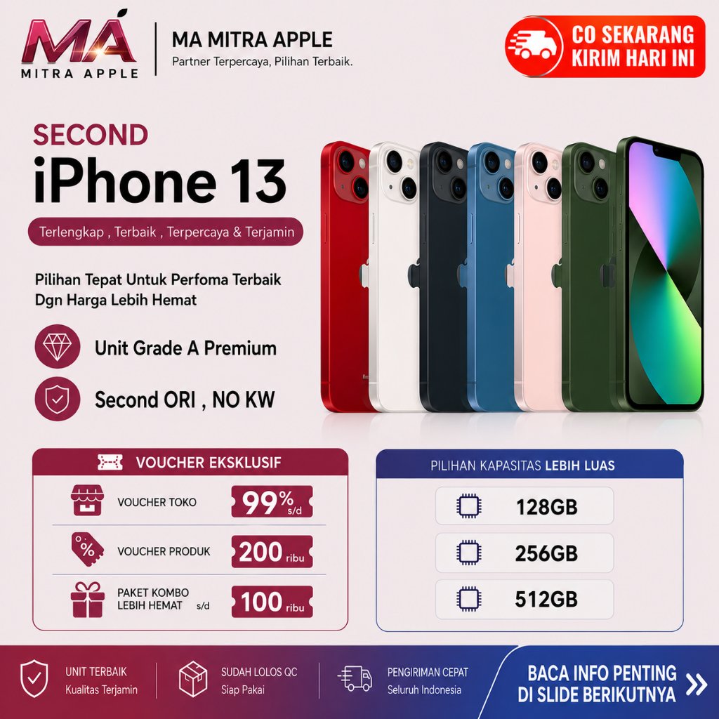 All Sim iPhone Second 13 128GB Ori NO Rekon NO Refurb Fisik Mulus Like New dan Bergaransi