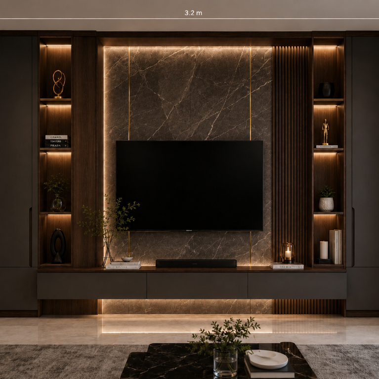 Backdrop TV Custom Minimalis | TV Cabinet Storage Custom Sesuai Ukuran