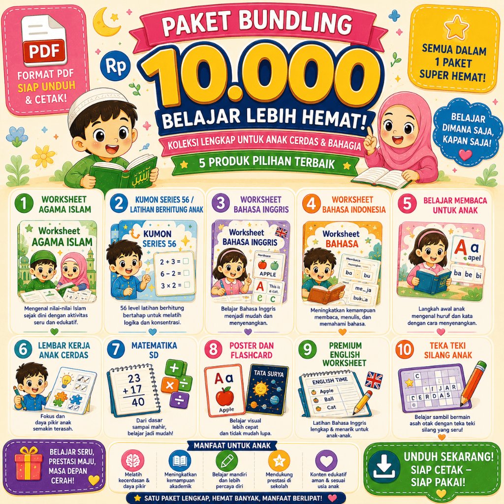 Paket Bundling 10.+ Worksheet Anak PDF | Agama Islam, Bahasa Inggris, Bahasa Indonesia, Belajar Memb