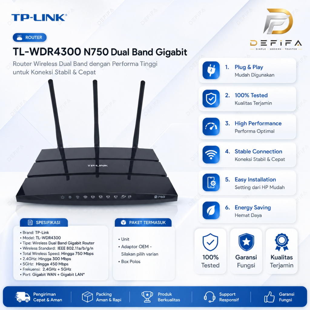 TP-Link TL-WDR4300 N750 Dual Band Gigabit Router WiFi 2.4GHz 5GHz 750 Mbps