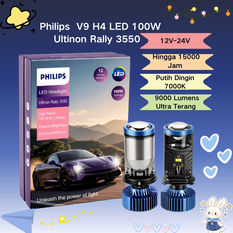 Lampu LED Philips Y7 H4 untuk Mobil & Motor, Proyektor Mini, 100W, Kecerahan Tinggi Asli