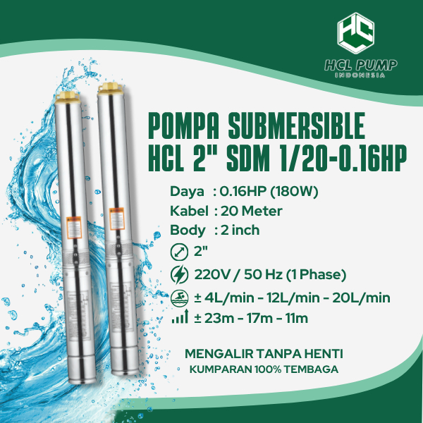 Submersible PUMP HCL 2'' 0.16 HP + Control Box + Kabel 20 Meter / Pompa HCL Kabel 20 Meter / Pompa S