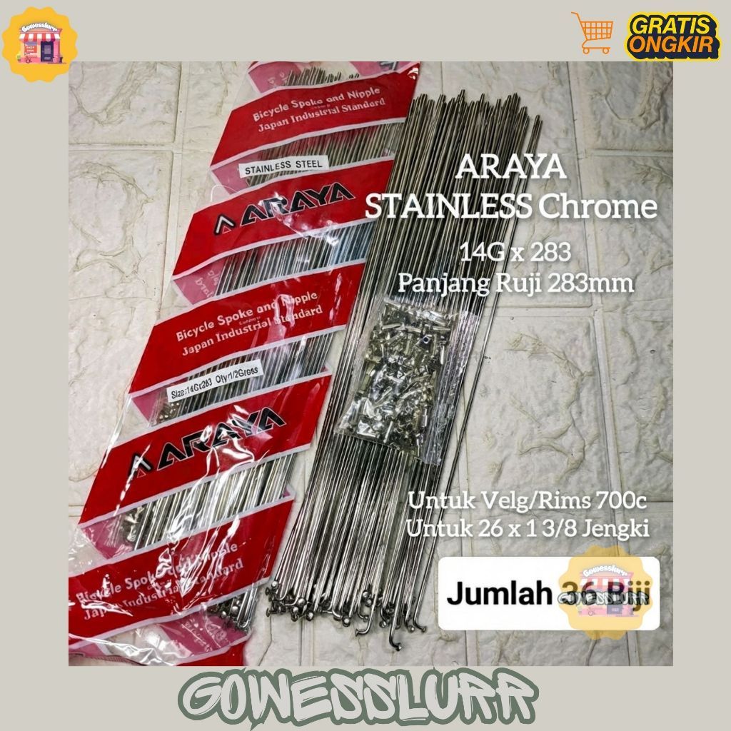 MEWWSpoke Ruji Jari 283 ARAYA STAINLESS Chrome 14G x 283mm Rims Velg Jengki 26x1 3/8 Dan Roadbike Fi