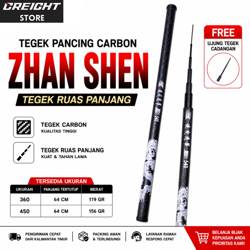 Tegek Carbon Zhan Shen Ruas Panjang 360 450 Joran Pancing