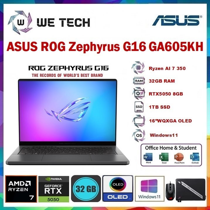 ASUS ROG Zephyrus G16 OLED GA605KH Ryzen AI 7 350 RTX5050 32GB 1TB 16"WQXGA OLED Win11+OHS