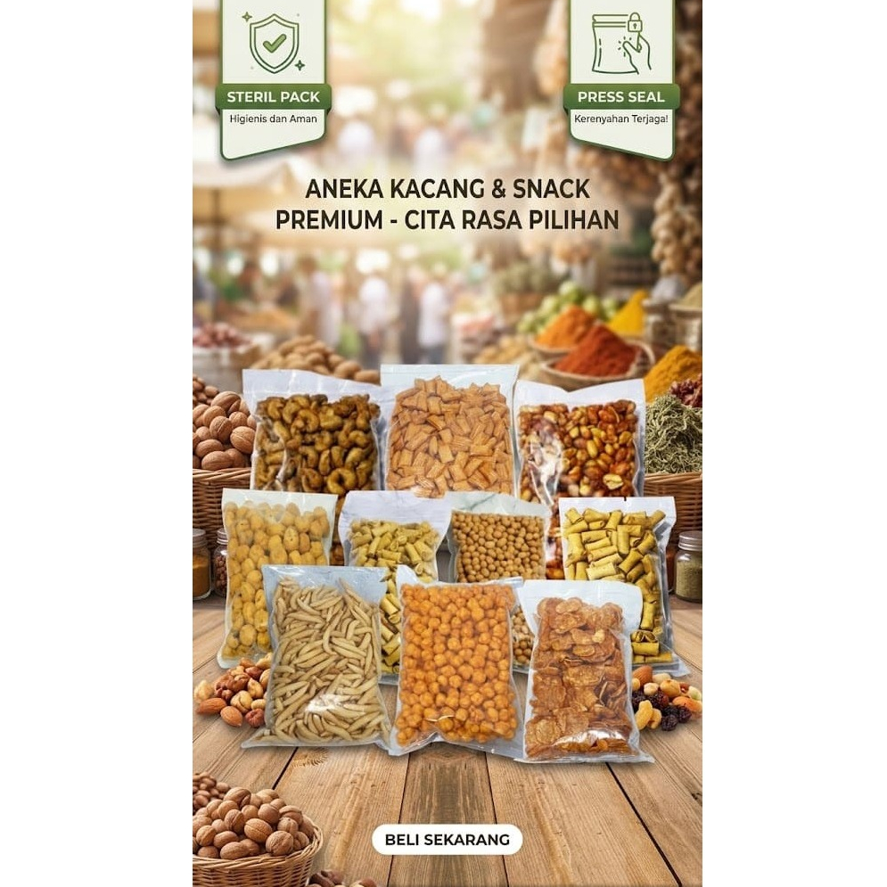 Aneka Kacang dan Kue Kering Lebaran Snack Kriuk Makanan Ringan Camilan Banyak Kacang Bawang Bali Tel