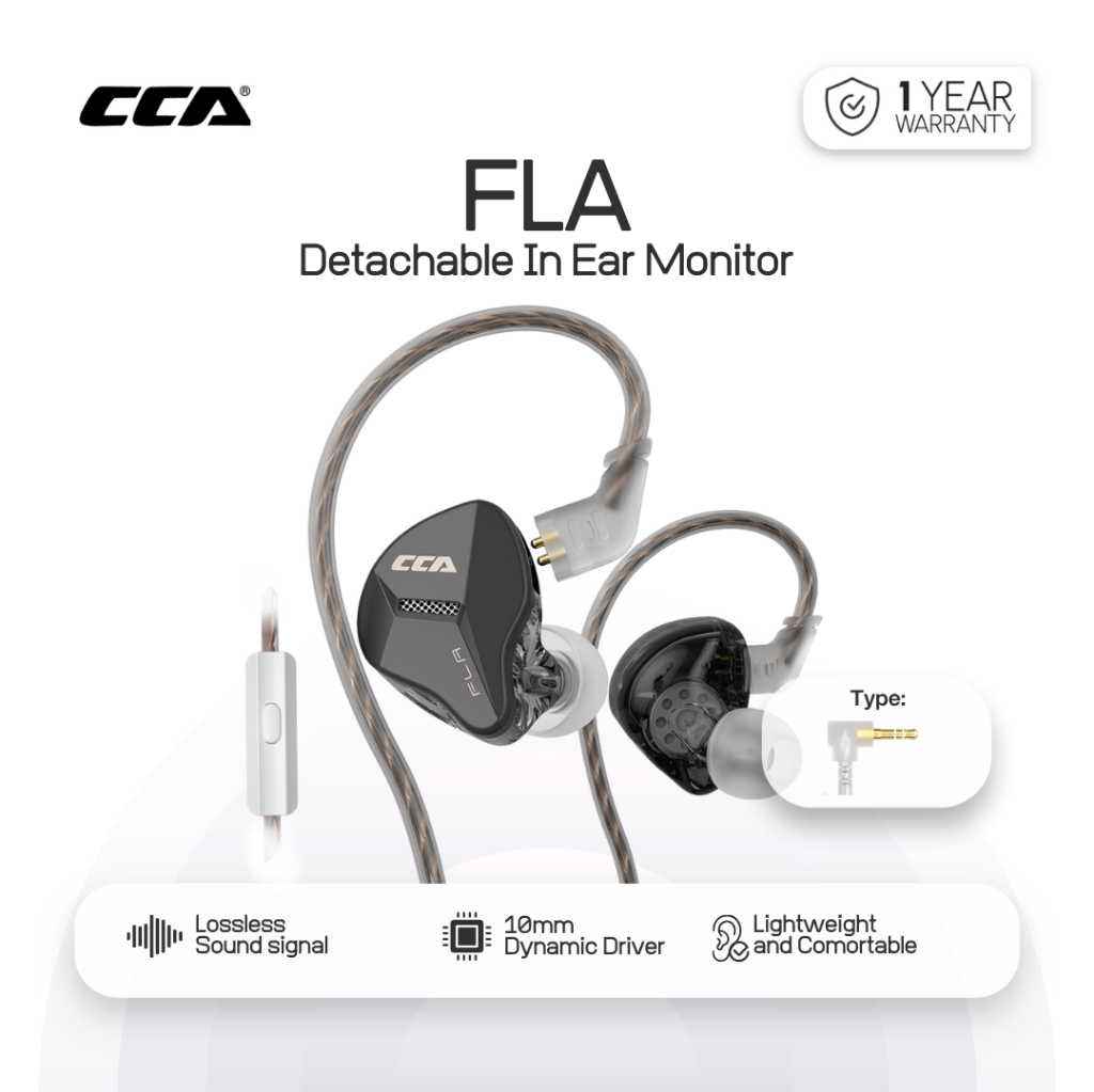 CCA FLA Single Dynamic Driver Resin Metal Earphone IEM with MIC