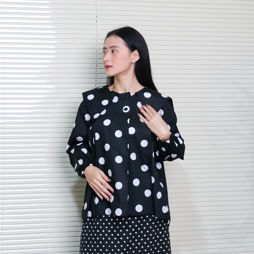 Blouse Polkadot Wanita | Poppin Blouse Katun Casual Korean Look Kekinian | Benang Baju