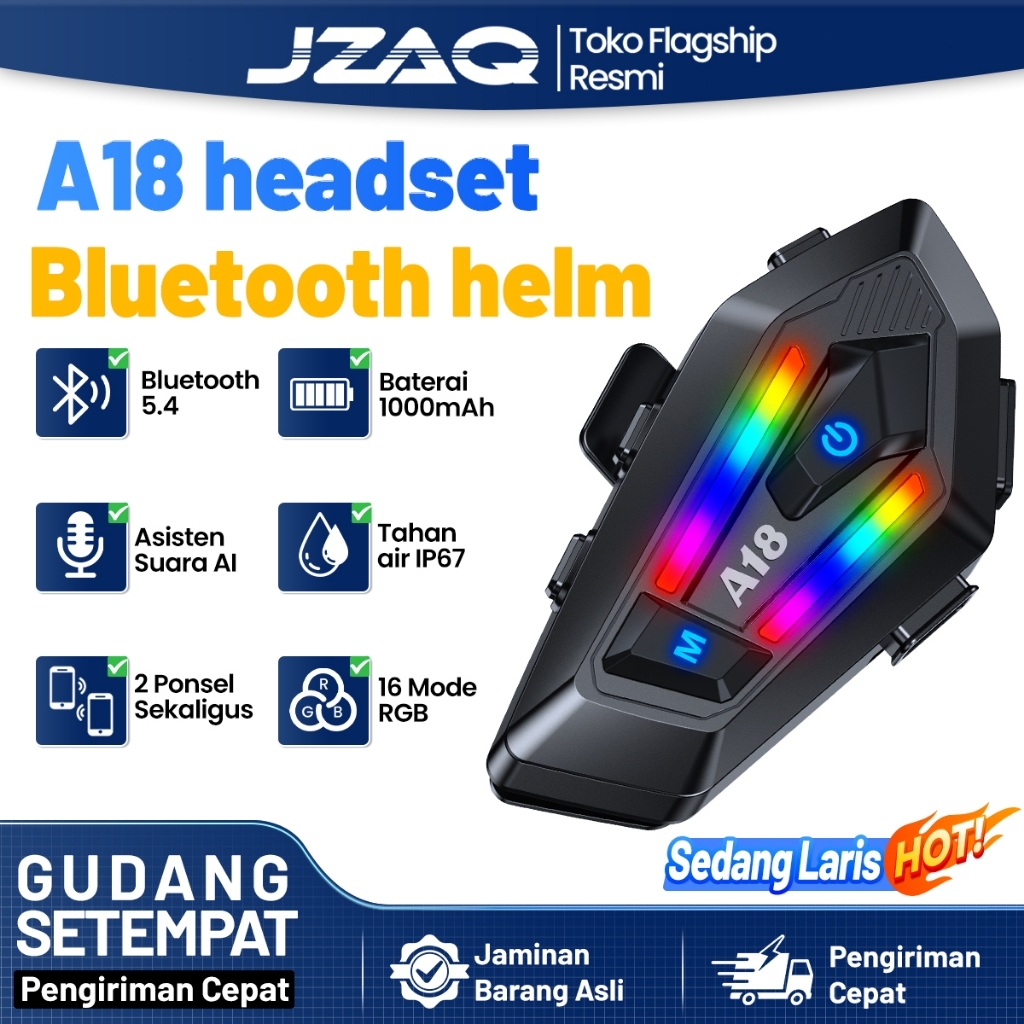 JZAQ A18 Headset Helm Bluetooth - Baterai 1000mAh, BT 5.4, Fitur Noise Cancelling & Asisten Suara.