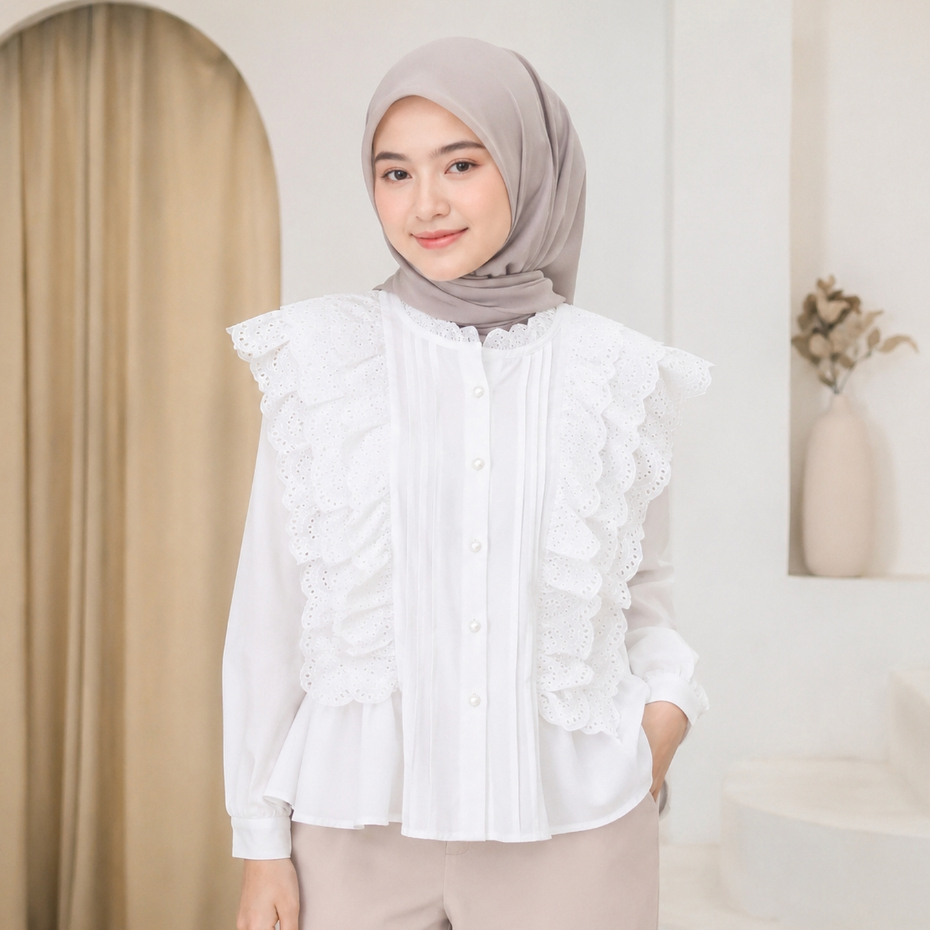 CHICMORE Kemeja Wanita Putih Kombinasi Ruffle Brokat Renda Kerah Elegan | Detail Plisket Depan Bahan
