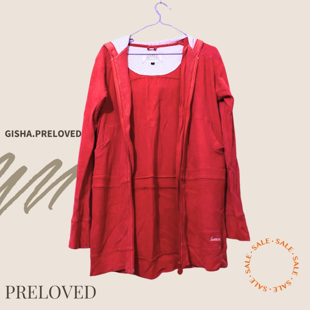 [PRELOVED] Cardigan Hoodie Waffle Merah / Jaket Parka Rajut Panjang Wanita