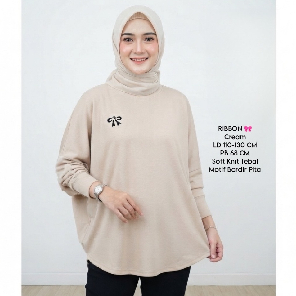 Ribbon Blouse Batwing Jumbo Atasan Wanita Jumbo Soft Knit Tebal Batwing Jumbo