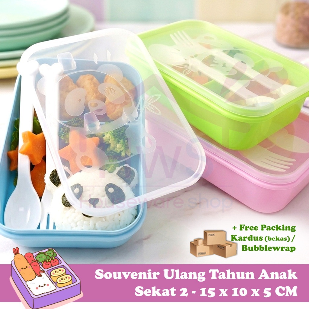 Lunch Box Segi Panda Sekat 2 - Free Sendok Garpu / Tempat Makan Wadah Bekal Anak Food Grade - Souven